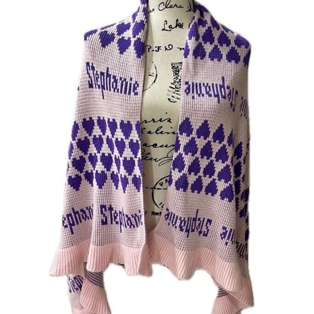 SHAWL KNITTED CAPE PURPLE HEARTS PERSONALIZED STEPHANIE NAME ALL OVER KAWAII